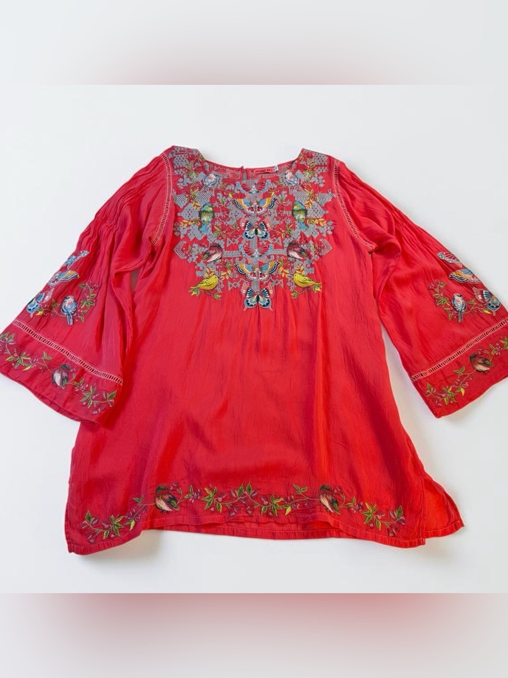 Johnny Was Farfalla Embroidered Coral Tunic Top with Butterfly and Bird  Detail - Picture 2 of 11